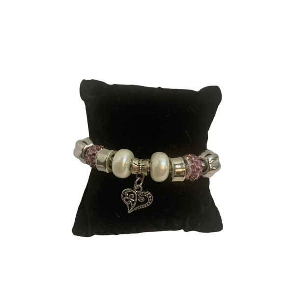Silver Tone Charm Bracelet Heart Pendant Pink rhinestone Faux Pearl Beads Gift - Picture 2 of 4